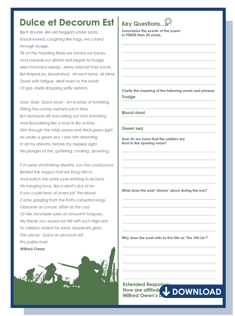 Dulce et Decorum Est worksheet download - doodle education